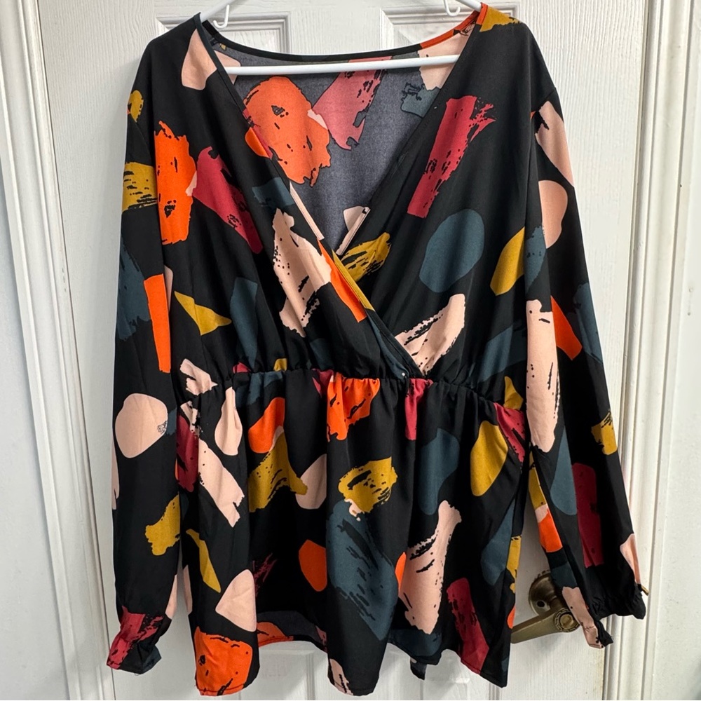 SHEIN Curve Multicolor Abstract Blouse 2XL V Neck Elastic Waist Statement Top